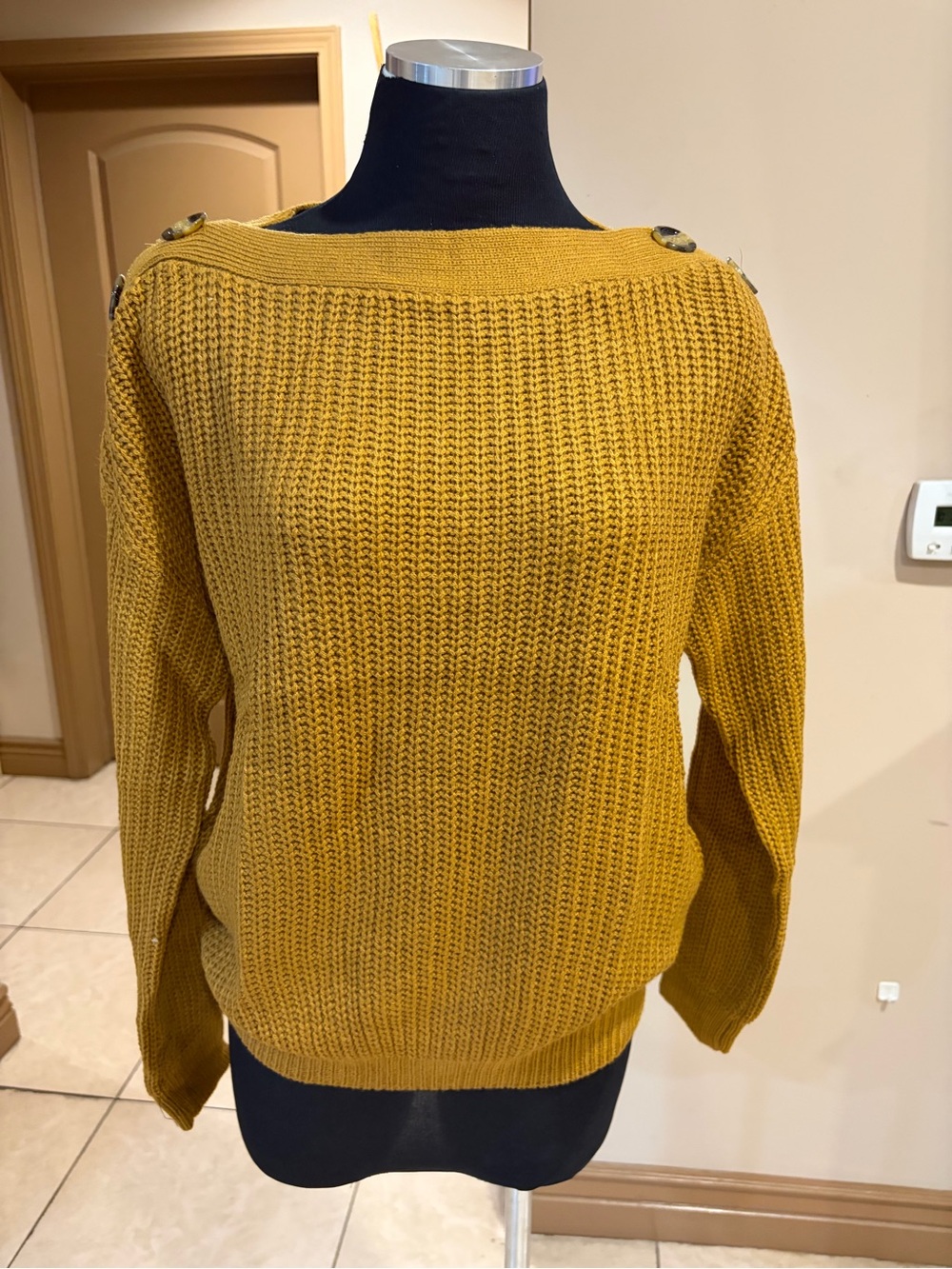 Blu Pepper Off-the-Shoulder Mustard Knit Sweater with Shoulder Buttons